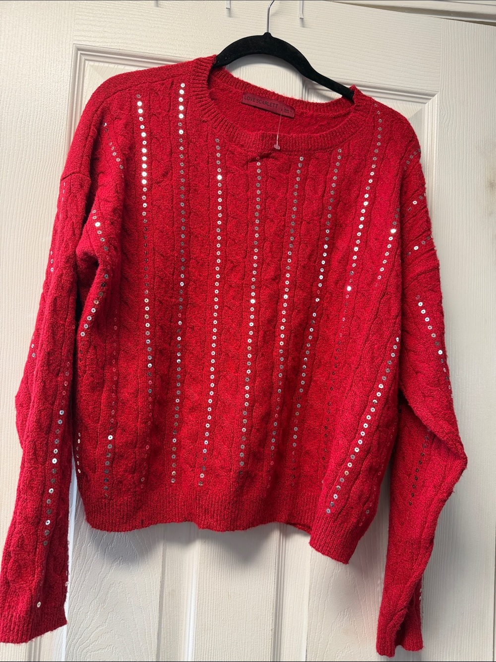 Love Squared Red Sequin Cable Crew Sweater
